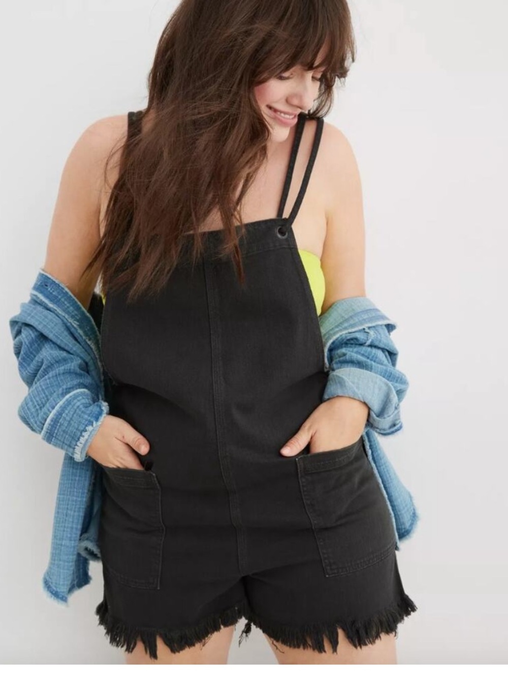 ·Aerie· Black Double Strap Denim Romper Overalls Size Medium